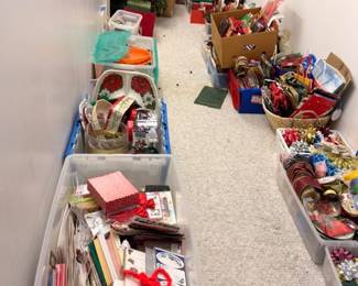 Christmas room overview, holiday decorations, ornaments, bins of seasonal items lot