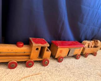 Vintage wooden toy train set, red and natural wood pull toy, antique children's toy
