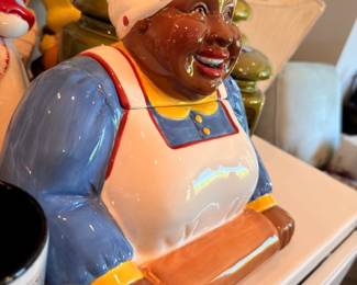 Vintage ceramic cookie jar figurine, polka dot headscarf, blue dress, kitchen collectible