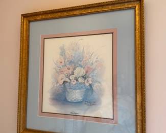 Framed floral still life print, flower basket, ornate gilt gold frame, wall art