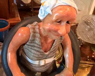 Ceramic character figurine, elderly woman pottery figure, vintage collectible statue