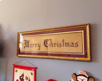 Framed Merry Christmas cross-stitch needlework, gold frame, holiday wall art