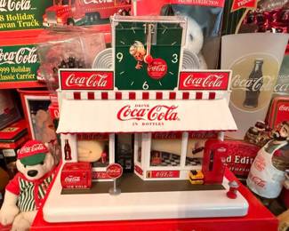 Coca-Cola soda fountain counter display with clock, Drink Coke in Bottles diner collectible