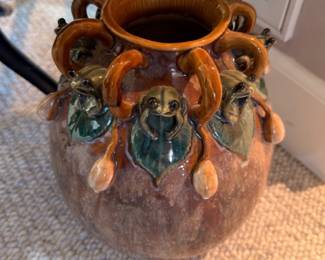 Vintage art pottery vase with applied flowers and figures, decorative ceramic planter