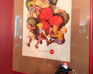 Framed vintage Coca-Cola Santa Claus advertising poster, Coke Santa on motorcycle figurine