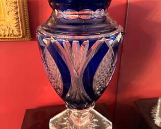 Cobalt blue cut-to-clear crystal vase, Bohemian style pedestal urn, fine cut glass