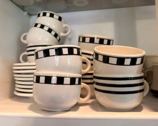 Black white striped ceramic dinnerware set, cups bowls plates, modern kitchen lot