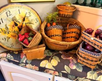 Fruit theme wall clock, wicker baskets, faux fruit, kitchen counter decor lot
