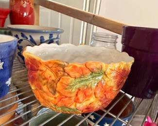 Hand-painted fall leaf ceramic bowl, scalloped edge autumn pottery, vintage serving dish