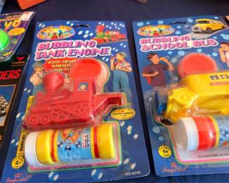 Vintage Imperial Bubbling Tank Engine and School Bus toys, sealed original packaging, retro toys