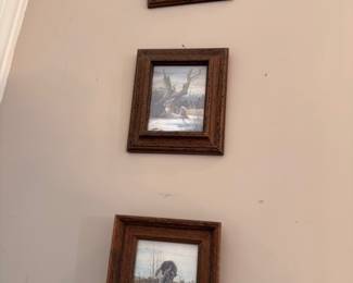 Small framed landscape paintings, ornate wood frames, gallery wall art trio