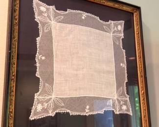 Framed vintage lace handkerchief doily, antique embroidered textile, ornate gold frame display
