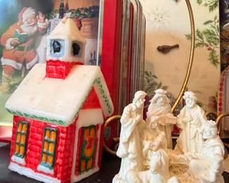 Ceramic nativity scene figurine, Christmas village house, holiday collectibles