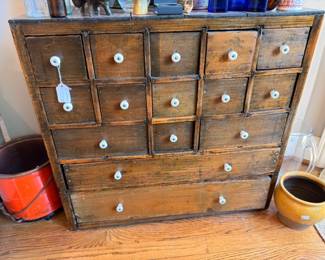 Antique wood apothecary spice cabinet, porcelain knobs, multi-drawer, primitive furniture