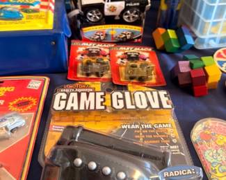 Vintage toys lot, Game Glove, Harley-Davidson belt buckle, die-cast cars, wooden blocks, retro collectibles