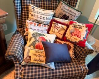 Plaid wingback chair, patriotic Americana throw pillows, Welcome pillow, living room seating