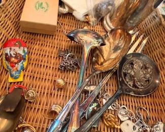 Silver-plated serving utensils, vintage ladles, spoons, silverplate flatware lot