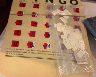 Vintage Bingo game set, board with red number tiles, retro game night collectible