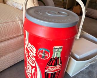 Vintage Coca-Cola red cooler jug with handle, Coke bottle graphics, retro soda memorabilia