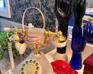 Glass hand ring holders, brass candelabra, vintage rotary phone, vanity decor lot