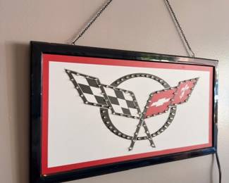 Corvette crossed flags stained glass hanging panel, Chevy logo, vintage car memorabilia