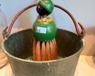 Antique copper bucket with bail handle, whisk broom, painted gourd