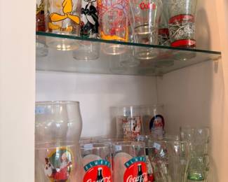 Coca-Cola glasses and bottles, Tweety Bird glass, vintage character tumblers, collectible drinkware