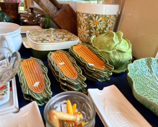 Ceramic corn cob dishes, cabbage leaf bowl, floral casserole, kitchen serving pieces lot