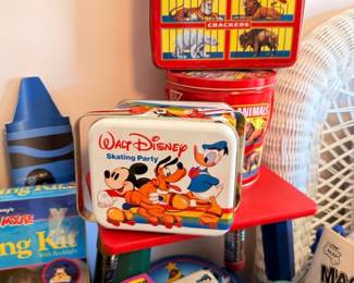 Vintage lunch boxes and tins, Walt Disney Skating Party, Barnum's Animals, collectible metal lunch pails