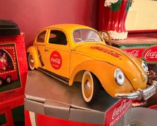 Coca-Cola VW Beetle die-cast model car, yellow Volkswagen Bug, Coke advertising collectible