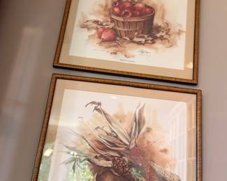 Framed still life fruit prints pair, apples in basket, gold frames, kitchen wall art