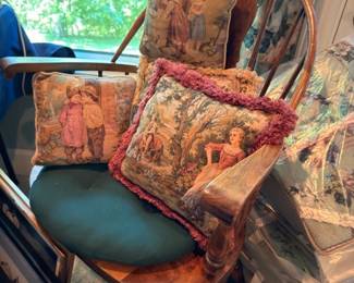 Wood rocking chair with tapestry throw pillows, vintage rocker, living room seating