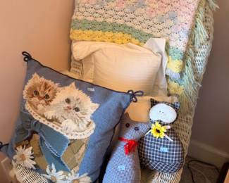 Vintage quilts, decorative throw pillows, cat pillow, handmade bedding and linens lot