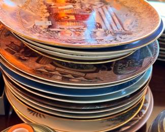 Collector plates stacked lot, decorative souvenir plates, mixed patterns vintage plate collection