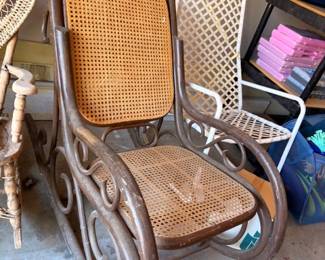 Vintage bentwood cane rocking chair, Thonet style rocker, antique wicker seat furniture