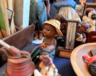 Vintage Black Americana figurines with accordion, collectible thermometer