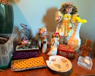 Ceramic figurine collection, girl with flowers, bird figurine, decorative plates, shelf display lot