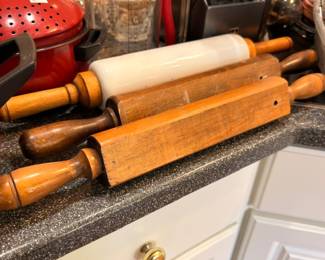Vintage wooden rolling pins collection, marble rolling pin, kitchen baking tools lot