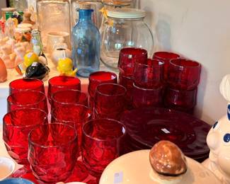 Ruby red glass collection, cups bowls plates tumblers, vintage cranberry glassware lot