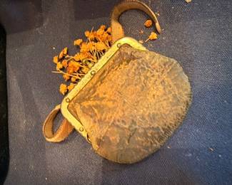 Antique leather coin purse with brass clasp frame, Victorian accessory