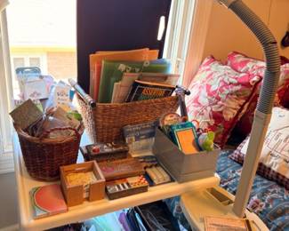 Desk lamp, wicker baskets, office supplies, assorted household items lot