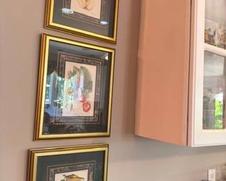 Framed fruit and vegetable botanical prints, gold frames, kitchen wall art set