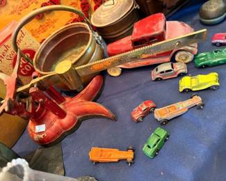 Vintage die-cast metal toy cars and trucks, pressed steel vehicles, antique toy collection