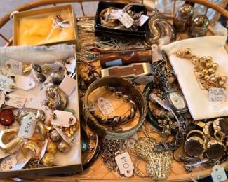 Estate jewelry lot watches bracelets necklaces rings, vintage costume jewelry collection priced