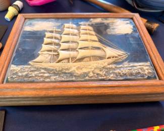 Framed 3D relief sailing ship art, tall ship on ocean, vintage nautical wall decor wood frame