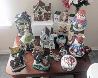 Porcelain Christmas village and many decorations