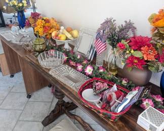 Lots of artificial flowers and plants. Vintage Italian porcelain fruit bowl.