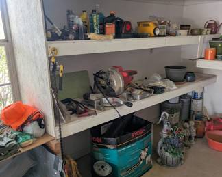 Ryobi gas blower, 10" chop saw, lots of gardening supplies