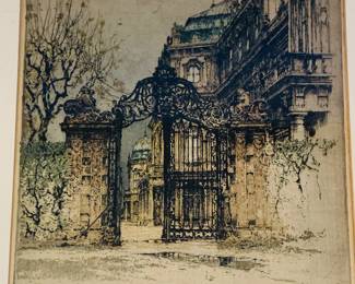 vintage colored etching and aqua tint by Austrian artist Luigi Kasimir 1881-1962 "Belvedere Palace Gate--signed