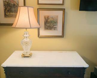 marble top table and notice the new in box Waterford crystal lamp